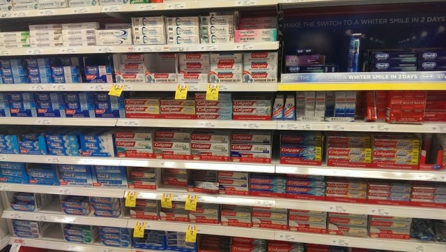 toothpaste aisle in the supermarket